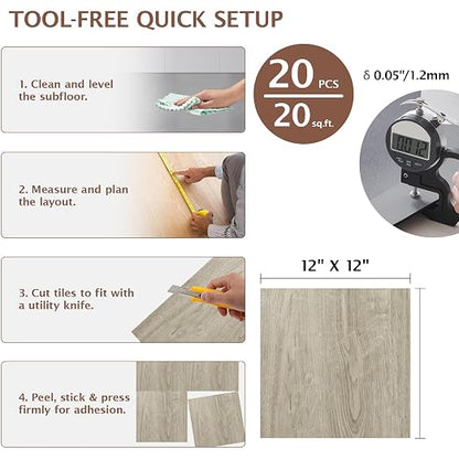 Peel and Stick Floor Tile, 20 Pcs 12" x 12" Waterproof Wood Grain Luxury Vinyl Plank Flooring, Easy DIY Self Adhesive Vinyl Floor for Bathroom, Kitchen, Living Room, Light Brown