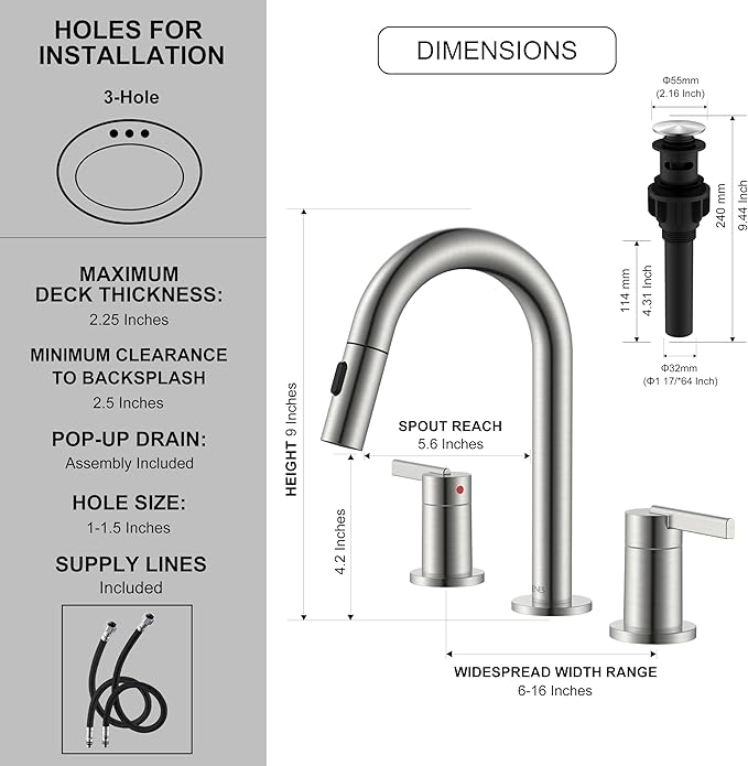 KENES Brushed Nickel Widespread Bathroom Faucet with Sprayer, 8 Inch 3 Hole Bathroom Sink Faucet with Pull Out Sprayer, Pull Down 2 Handle Vanity Faucet with Pop Up Drain & Supply Lines LJ-9068