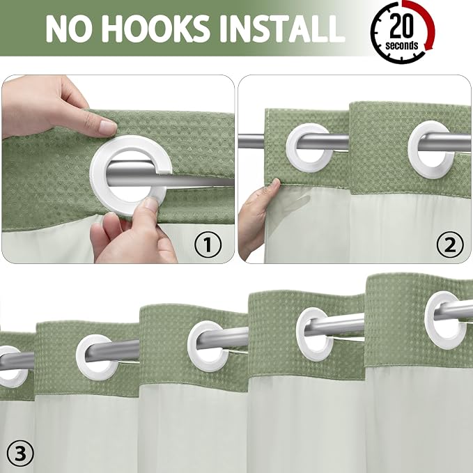 No Hook Shower Curtain and Liner Set,Sage Green Hotel Waffle Shower Curtain with Liner 75" L x 72" W,White Ring | Washable Snap in Fabric Liner, Mesh Top Window, Waffle Hotel Style Shower Curtain Set