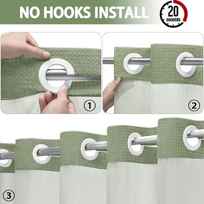No Hook Shower Curtain and Liner Set,Sage Green Hotel Waffle Shower Curtain with Liner 75" L x 72" W,White Ring | Washable Snap in Fabric Liner, Mesh Top Window, Waffle Hotel Style Shower Curtain Set
