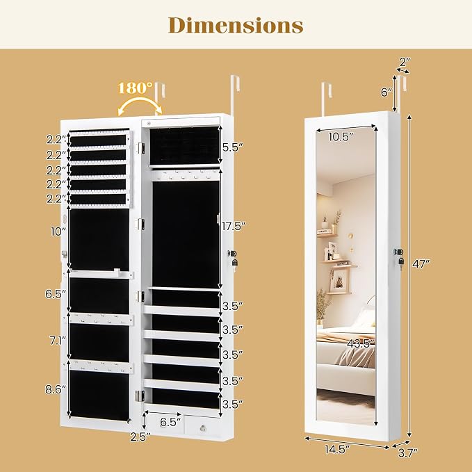 CHARMAID Wall Mounted Jewelry Armoire with 47" Full Length Mirror, Lockable Jewelry Cabinet with 6 LED Lights, Over the Door Hanging Storage Organizer with Drawers, Hooks & Shelves, White