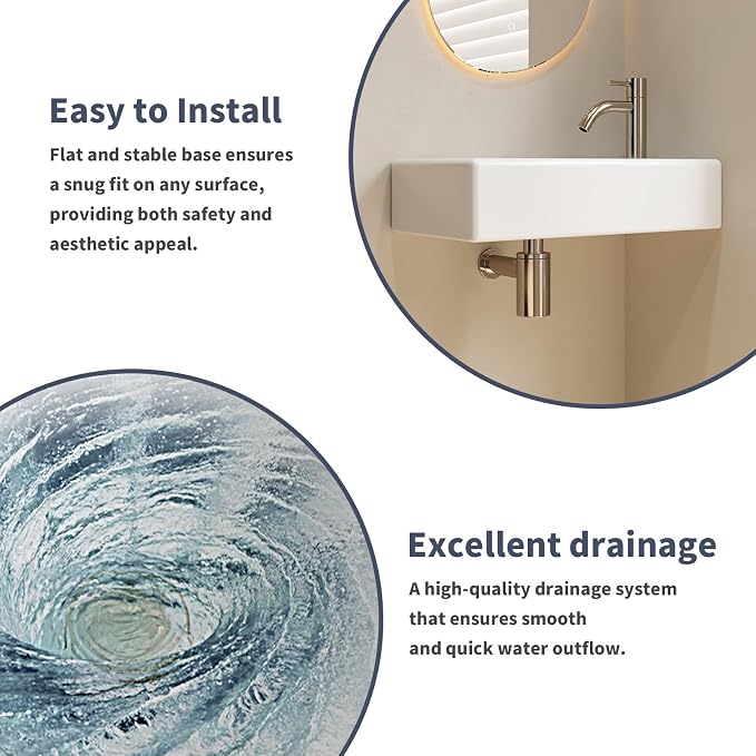 16" x 9" Wall Mount Bathroom Sink Rectangule Floating Sink Porcelain Ceramic White Bathroom Vessel Sink Right Hand Set