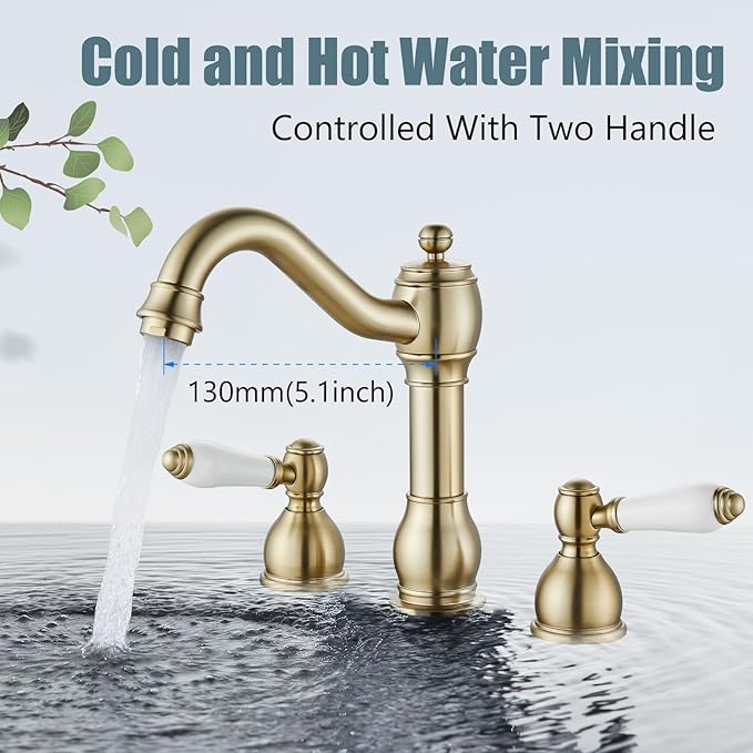 Aolemi 8 Inch Widespread Bathroom Sink Faucet 3 Hole Deck Mount Vanity Basin Mixer Tap with Pop Up Drain Assembly Brushed Gold Double Ceramic Handle