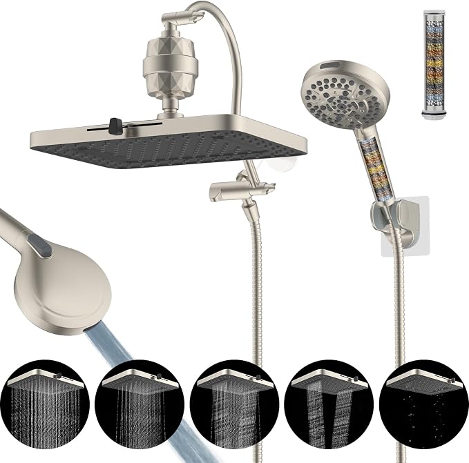 Hibbent 13'' Filtered Shower Head with 10-Spray Handheld, Brushed Nickel | 5 Modes Rainfall Shower Head, High Pressure Showerhead Combo, 20 Stage Shower Filter, 12'' Extension Arm, 71'' Hose & Holder