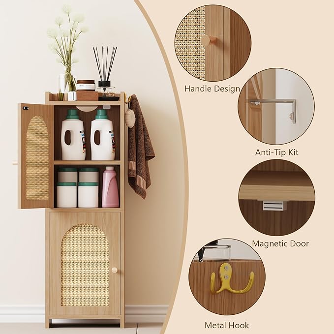 Rattan Bathroom Storage Cabinet,Corner Floor Cabinet with 2 Doors and Adjustable Shelf, Narrow Toilet Paper Cabinets with 2Hooks,Toilet Organizer for Small Spaces,7.87"D*9.84"W*29.72"H Oak