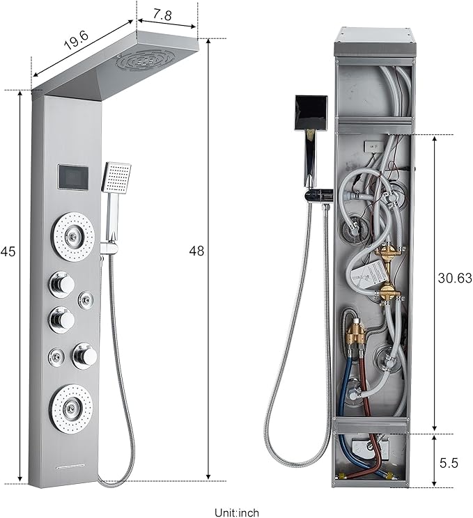 ROVATE LED Shower Panel Tower System with Rainfall and Mist Shower Head, 6-in-1 Shower Panels with Jets and Handheld and Digital Temperature Display, Shower Tower High Pressure with Tub Spout