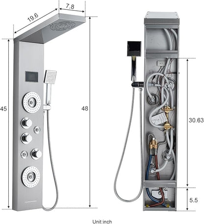 ROVATE LED Shower Panel Tower System with Rainfall and Mist Shower Head, 6-in-1 Shower Panels with Jets and Handheld and Digital Temperature Display, Shower Tower High Pressure with Tub Spout