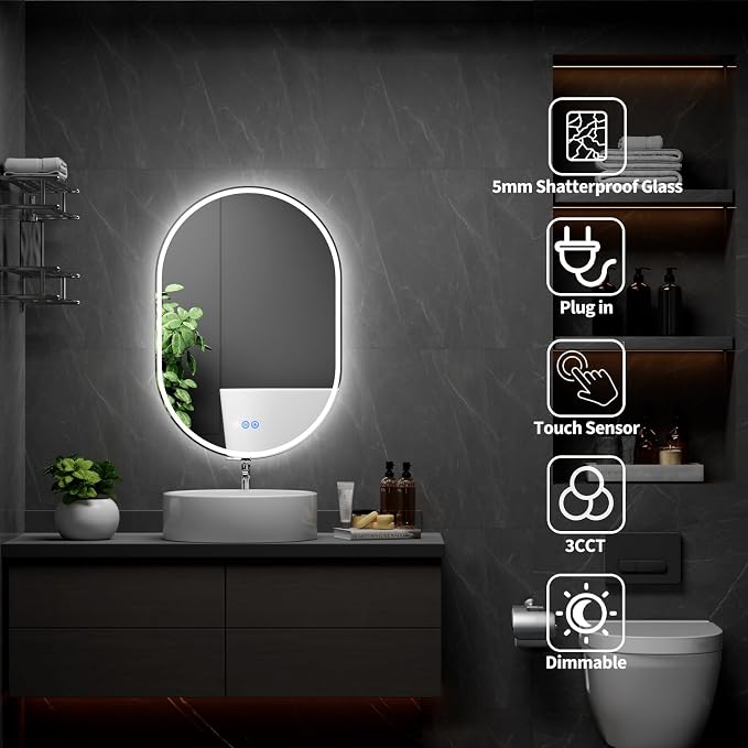 Oval LED Bathroom Mirror, 26"x 38" Frameless Lighted Mirror | LED Mirror with Front Light & Backlit, Anti-Fog, Dimmable Wall Mounted Lighted Mirror, Pill-Shaped Smart Bathroom Mirror
