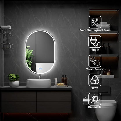 Oval LED Bathroom Mirror, 26"x 38" Frameless Lighted Mirror | LED Mirror with Front Light & Backlit, Anti-Fog, Dimmable Wall Mounted Lighted Mirror, Pill-Shaped Smart Bathroom Mirror