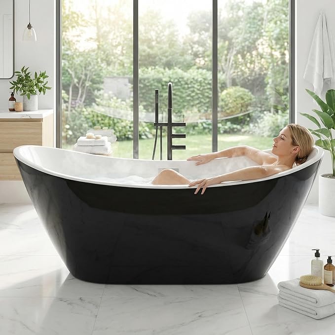 Garvee 59" Acrylic Soaking Bathtub, Deep Modern Tub with Non-Slip Base, CUPC Certified, Space-Saving Bath with Chrome Drain and Overflow, Easy Install for Small Bathrooms, Black