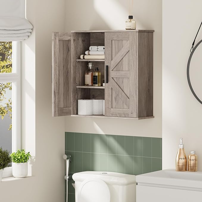Bathroom Wall Cabinet, Over Toilet Storage Cabinet with Barn Doors and Adjustable Shelves, 3-Tier Medicine Cabinet Wall Mounted, for Bathroom, Kitchen, Entryway, Laundry Room, Greige, (7.9" D)