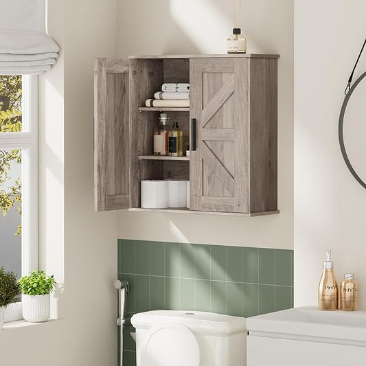 Bathroom Wall Cabinet, Over Toilet Storage Cabinet with Barn Doors and Adjustable Shelves, 3-Tier Medicine Cabinet Wall Mounted, for Bathroom, Kitchen, Entryway, Laundry Room, Greige, (7.9" D)