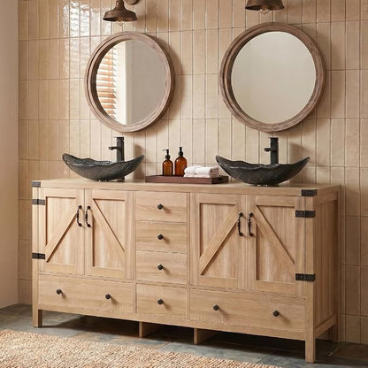 60 inch Natural Color Bathroom Vanity, Rustic Fixture Standing Pedestal Cabinet with Two Silver Leaf Sinks
