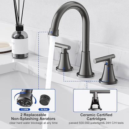Bathroom Faucets for Sink 3 Hole, Hurran 8 inch Widespread Brushed Grey Bathroom Sink Faucet with Pop-up Drain and Supply Hose, Stainless Steel Lead-Free Faucet for Vessel Sink Vanity RV