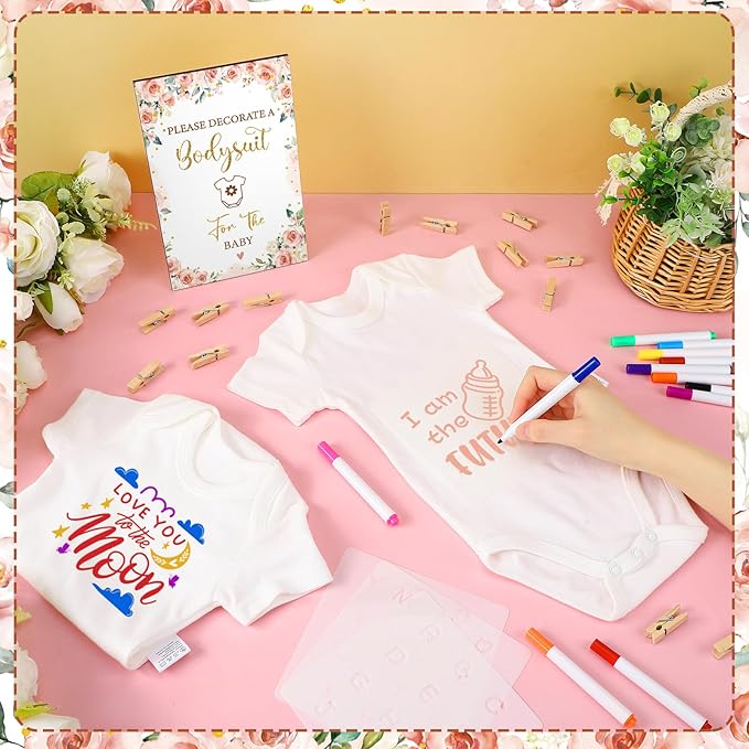 Panitay 126 Pcs Baby Shower DIY Bodysuit Set Bib 25 Blank White Newborn Bodysuit 25 Stencils 24 Marker 1 Sign 50 Pins(Floral)