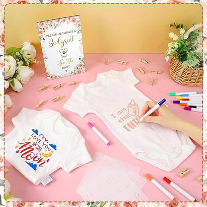 Panitay 126 Pcs Baby Shower DIY Bodysuit Set Bib 25 Blank White Newborn Bodysuit 25 Stencils 24 Marker 1 Sign 50 Pins(Floral)