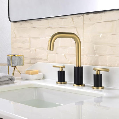ChiLDano 8 inch Widespread Bathroom Faucet with Drain and Supply Hose | Black and Gold Bathroom Faucet for Sink 3 Hole , 2 Handle Bathroom Sink Faucet CH3166BGB