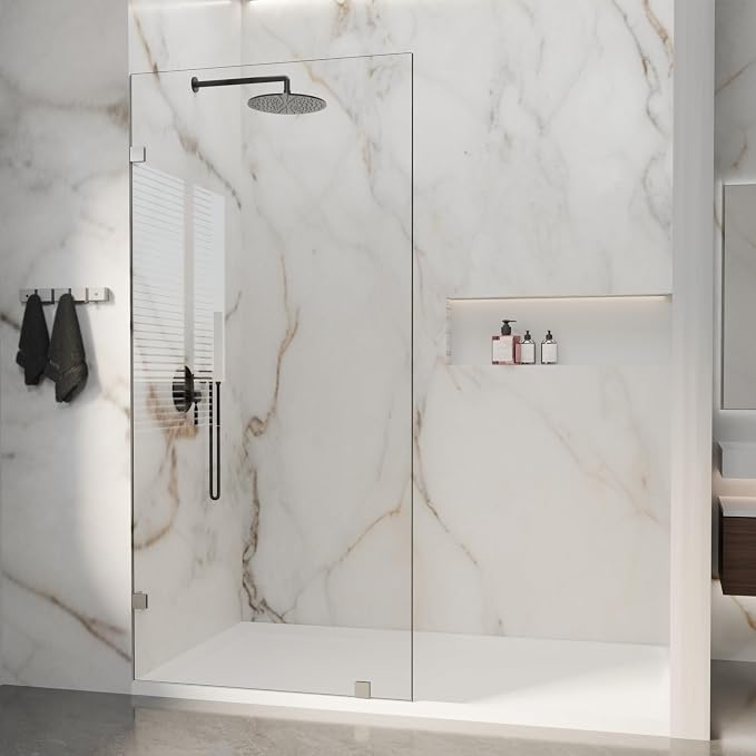 32" W x 72" H Fixed Single Shower Glass Panel, Chrome Finish | 3/8” 10mm Frameless for Walk in Shower with Clear Tempered Glass Explosion-Proof Film for Bathroom, Silver