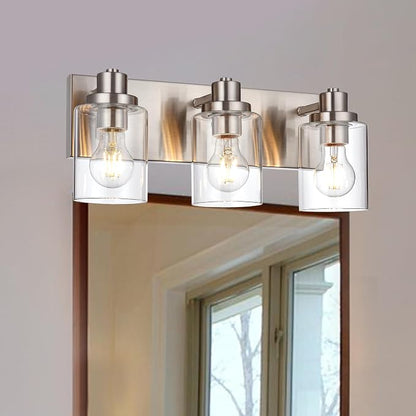 3 Light Bathroom Vanity Light Brushed Nickel Bathroom Lighting Fixtures Over Mirror with Clear Glass Shade, Modern Farmhouse Wall Sconces Vanity Lights for Bedroom Living Room
