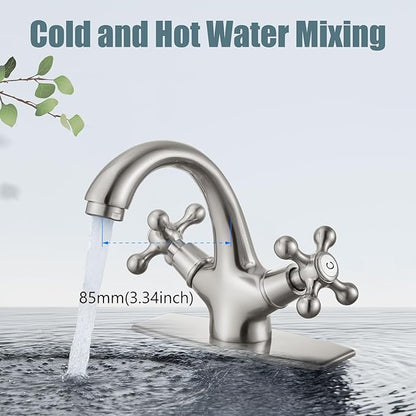 Aolemi Bathroom Sink Faucet Single Hole Cold and Hot Double Handle Cross Knobs Vanity Vessel Sink Basin Mixer Tap with Deck Cover Plate with Pop Up Drain Brushed Nickel