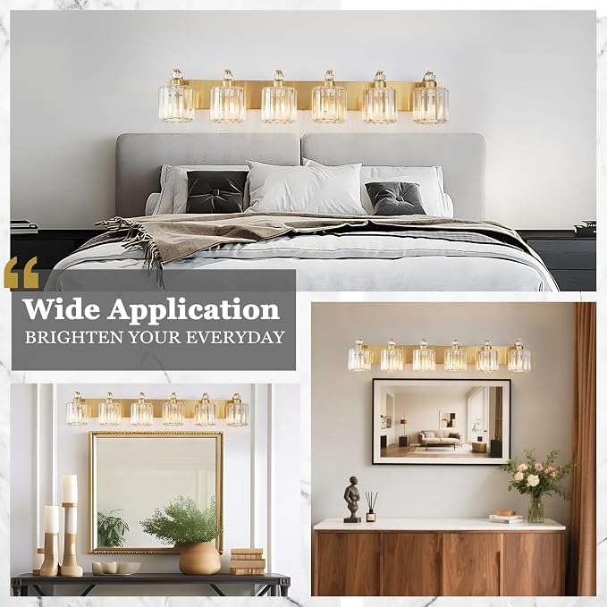 6-Lights Brushed Brass Bathroom Light Fixture Gold Vanity Lights Modern Crystal Bathroom Vanity Lighting Over Mirror Wall Sconce with K9 Crystal Shade E26 Base for Living Room, Bedroom Wall Lamp