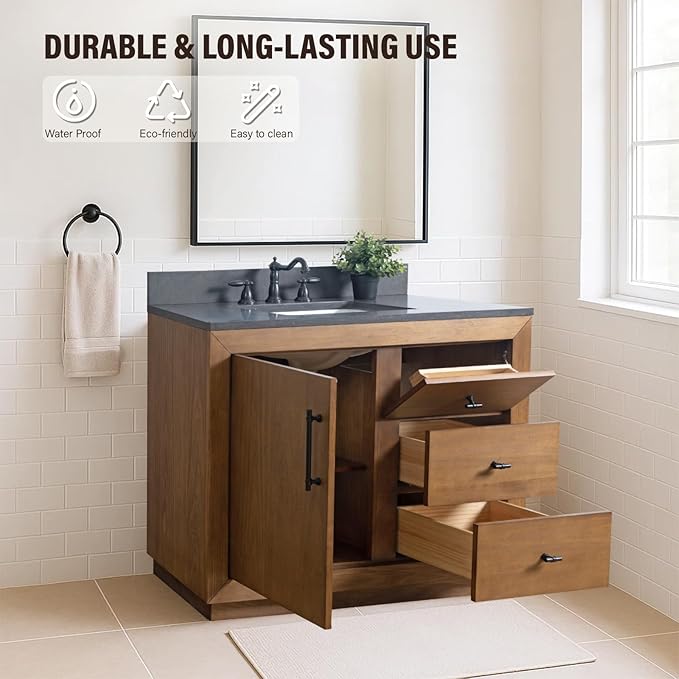 HOMEBEYOND 42" Bathroom Vanity with Single Sink & Ceramic Top, MDF Material Vanity Cabinet with Basin Combo, Soft-Closing Doors, Removable Shelf, Backsplash, Tan