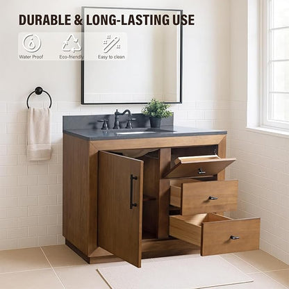 HOMEBEYOND 42" Bathroom Vanity with Single Sink & Ceramic Top, MDF Material Vanity Cabinet with Basin Combo, Soft-Closing Doors, Removable Shelf, Backsplash, Tan