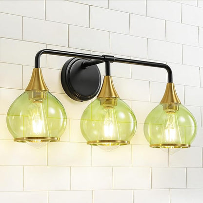 Black and Gold Bathroom Vanity Light 3-Lights Bathroom Light Fixtures Over Mirror with Green Clear Glass Shade 22.4 inch Wall Sconce Lighting Bath(Exclude E26 Bulb)