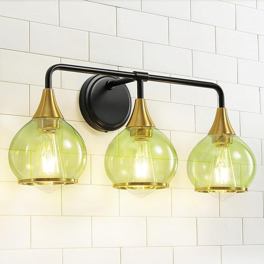 Black and Gold Bathroom Vanity Light 3-Lights Bathroom Light Fixtures Over Mirror with Green Clear Glass Shade 22.4 inch Wall Sconce Lighting Bath(Exclude E26 Bulb)