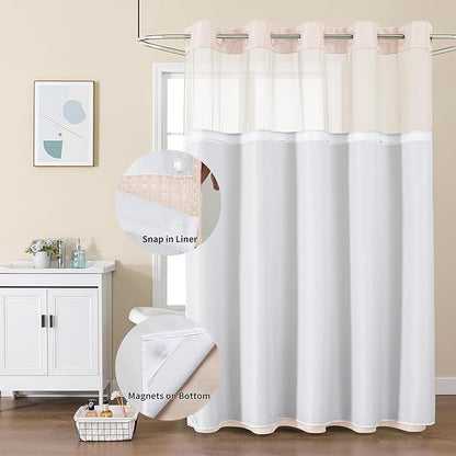 No Hook Shower Curtain with Snap in Fabric Liner, Waffle Weave Heavy Duty Thick Shower Curtains with Mesh Top Window, Hotel Style Waterproof Bathroom Curtain Set, 72 x 75 Inch, Blush Pink
