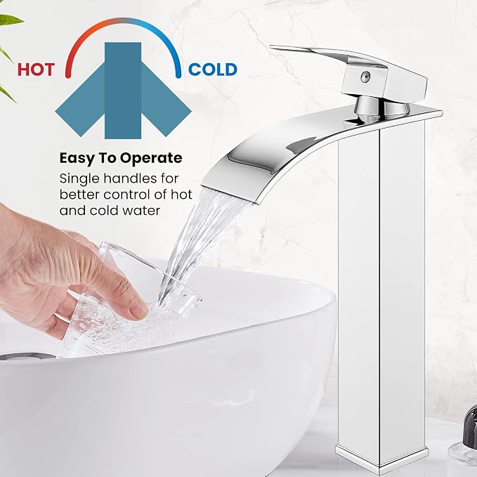 gotonovo Waterfall Tall Bathroom Faucet 1 Hole No Drain, Polish Chrome | Modern Vessel Sink Faucet Single Handle 304 Stainless Steel,24” cUPC Supply Hoses,for Bowl Basin Lavatory Vanity Restroom RV