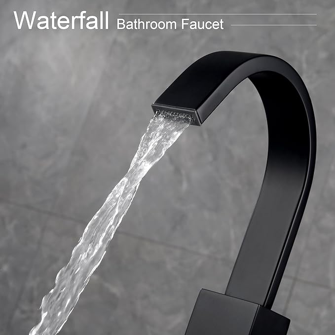 Matte Black Bathroom Faucet Waterfall Faucet Bathroom Vanity with 360 Degree Swivel Spout, Single Hole Bar Sink Faucet with Hose and 6 "Deck Plate,SL5004BK
