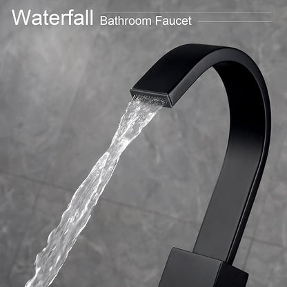 Matte Black Bathroom Faucet Waterfall Faucet Bathroom Vanity with 360 Degree Swivel Spout, Single Hole Bar Sink Faucet with Hose and 6 "Deck Plate,SL5004BK