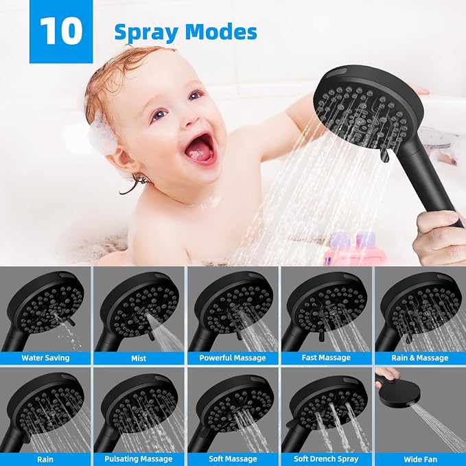 Hibbent 12" Dual Filtered Shower Head Combo, 10-spray Handheld, Black | All Metal High Pressure Rainfall Shower Head Combo with Filter, 16" Extension Arm, 3-way Diverter, 71" Hose & Shower Holder