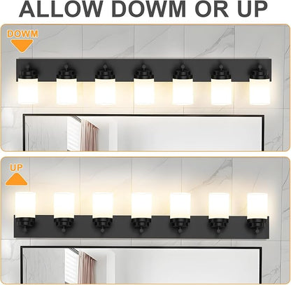 IZORRO Bathroom Vanity Light Fixture, 7-Light 52 inch Matte Black Bathroom Light Fixtures Over Mirror, with White Glass Shade, Modern Farmhouse Vanity Lights, Rustic Restroom Lighting Fixtures