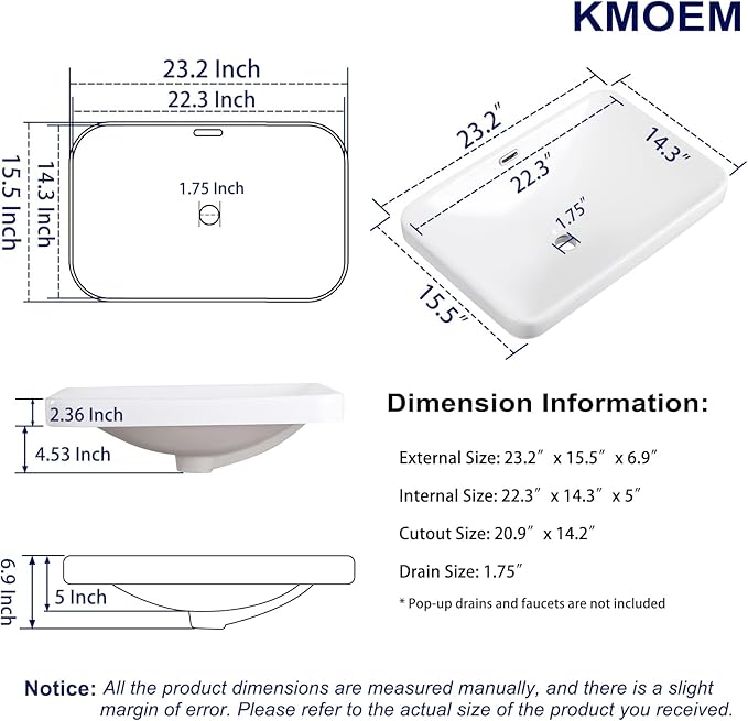 Vessel Sink 23"x16" Semi Recessed Bathroom Sink Drop-in White Bathroom Sink Porcelain Ceramic Modern Rectangular Sinks Drop-in Vanity Sinks with Overflow for Bathrooms