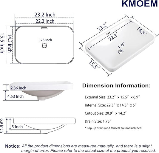 Vessel Sink 23"x16" Semi Recessed Bathroom Sink Drop-in White Bathroom Sink Porcelain Ceramic Modern Rectangular Sinks Drop-in Vanity Sinks with Overflow for Bathrooms