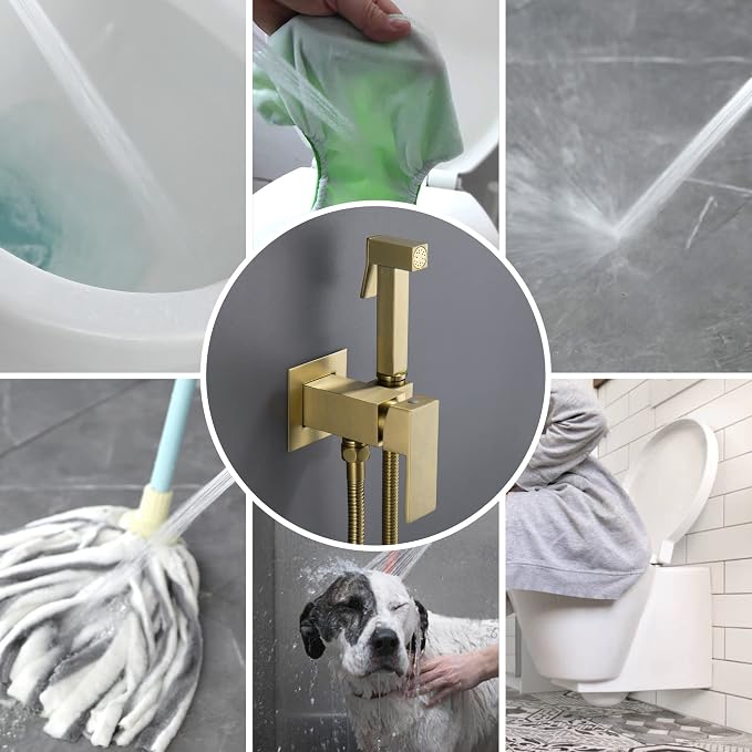 Warm Water Bidet Sprayer for Toilet with Hot and Cold Brass Rough-in Valve, Stainless Steel Handheld Bidet Attachment Set for Feminine, Pets and Baby Diaper Wash, Brushed Gold, BDS08-3