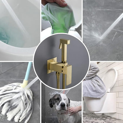 Warm Water Bidet Sprayer for Toilet with Hot and Cold Brass Rough-in Valve, Stainless Steel Handheld Bidet Attachment Set for Feminine, Pets and Baby Diaper Wash, Brushed Gold, BDS08-3