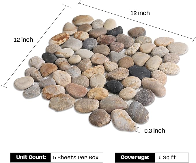 Pebble Tile for Shower Floor, Brown Stone Pebble Mosaic Tile Tumbled | Slip-resistant Pebble for Bathroom, Kitchen, Shower Floors, Walls & Outdoor Areas, Mesh-Backed Easy to Install, 5 SqFt