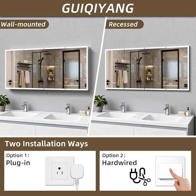 Medicine Cabinet with Lights, Bathroom LED Mirror Cabinet with Storage, Anti-Fog & 3 Color Lights, Recessed or Wall Mounted (72X32 in)