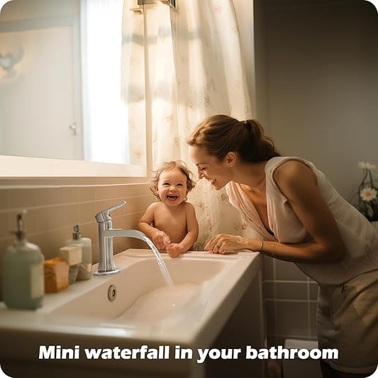 Bathroom Waterfall Faucet Single Handle, Brushed Nickel Faucet Bathroom Brass 1 Hole or 4 Inch 3 Hole Bathroom Sink Faucet, Restroom Faucets for Sink with Drain & Deck Plate for Hotel Apartment