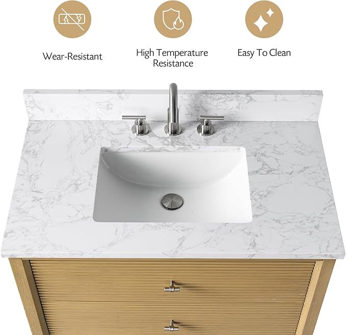 Vanity Art 36" Bathroom Vanity with Single Sink & Arabescato White Engineered Stone Top, Vanity Cabinet with Soft Closing Door, Solid Wood Frame, Golden Brushed Handles, Natural Oak VA8136-NO-GB