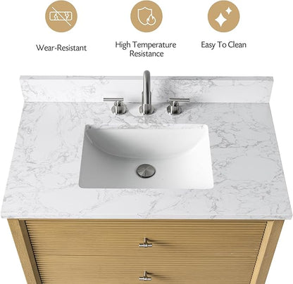 Vanity Art 36" Bathroom Vanity with Single Sink & Arabescato White Engineered Stone Top, Vanity Cabinet with Soft Closing Door, Solid Wood Frame, Golden Brushed Handles, Natural Oak VA8136-NO-GB