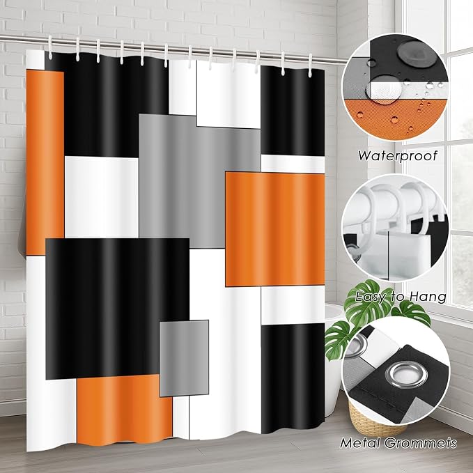 Bathroom Sets with Shower Curtain and Rugs, 4 Pcs, Geometric | Checkered Modern Abstract Orange Bathroom Decor Set with Toilet Lid Cover, Non-Slip Bath Mats and Accessories 12 Hooks