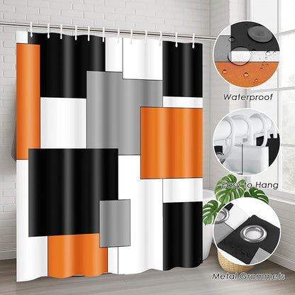 Bathroom Sets with Shower Curtain and Rugs, 4 Pcs, Geometric | Checkered Modern Abstract Orange Bathroom Decor Set with Toilet Lid Cover, Non-Slip Bath Mats and Accessories 12 Hooks