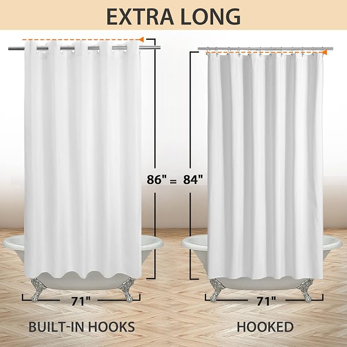 River Dream Extra Long Shower Curtain No Hooks or Liner Needed, White | Soft Microfiber, 84" Long Fabric Shower Curtain Set Waterproof, Bottom Magnets, Machine Washable, 71W x 86H(84H)