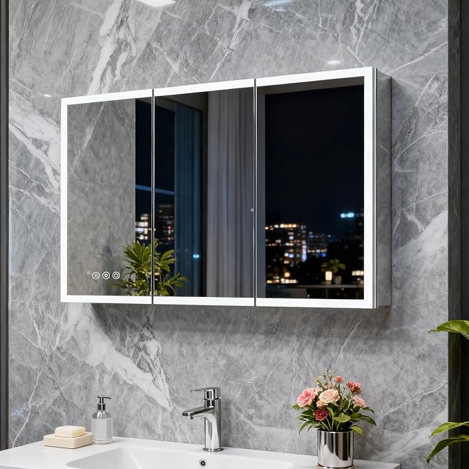 Medicine Cabinet with Lights, Bathroom LED Mirror Cabinet with Storage, Anti-Fog & 3 Color Lights, Recessed or Wall Mounted (48X32 in)