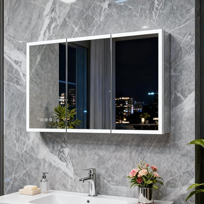 Medicine Cabinet with Lights, Bathroom LED Mirror Cabinet with Storage, Anti-Fog & 3 Color Lights, Recessed or Wall Mounted (48X32 in)