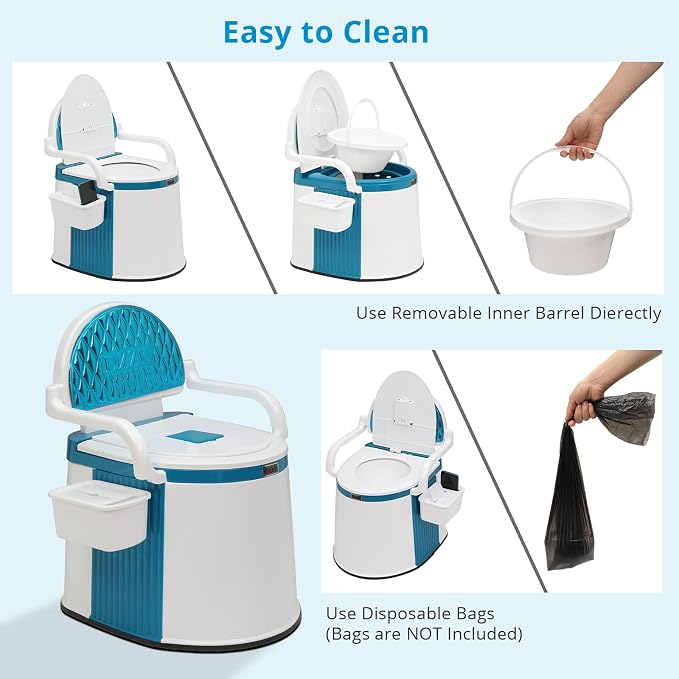 VINGLI Portable Toilet | Back & Handrail Design Commode with 5 Gallon Bucket Inner, Camping RV Toilet for Adult, Kids, Home, Boat, Van, Travel, Plastic, Blue & white